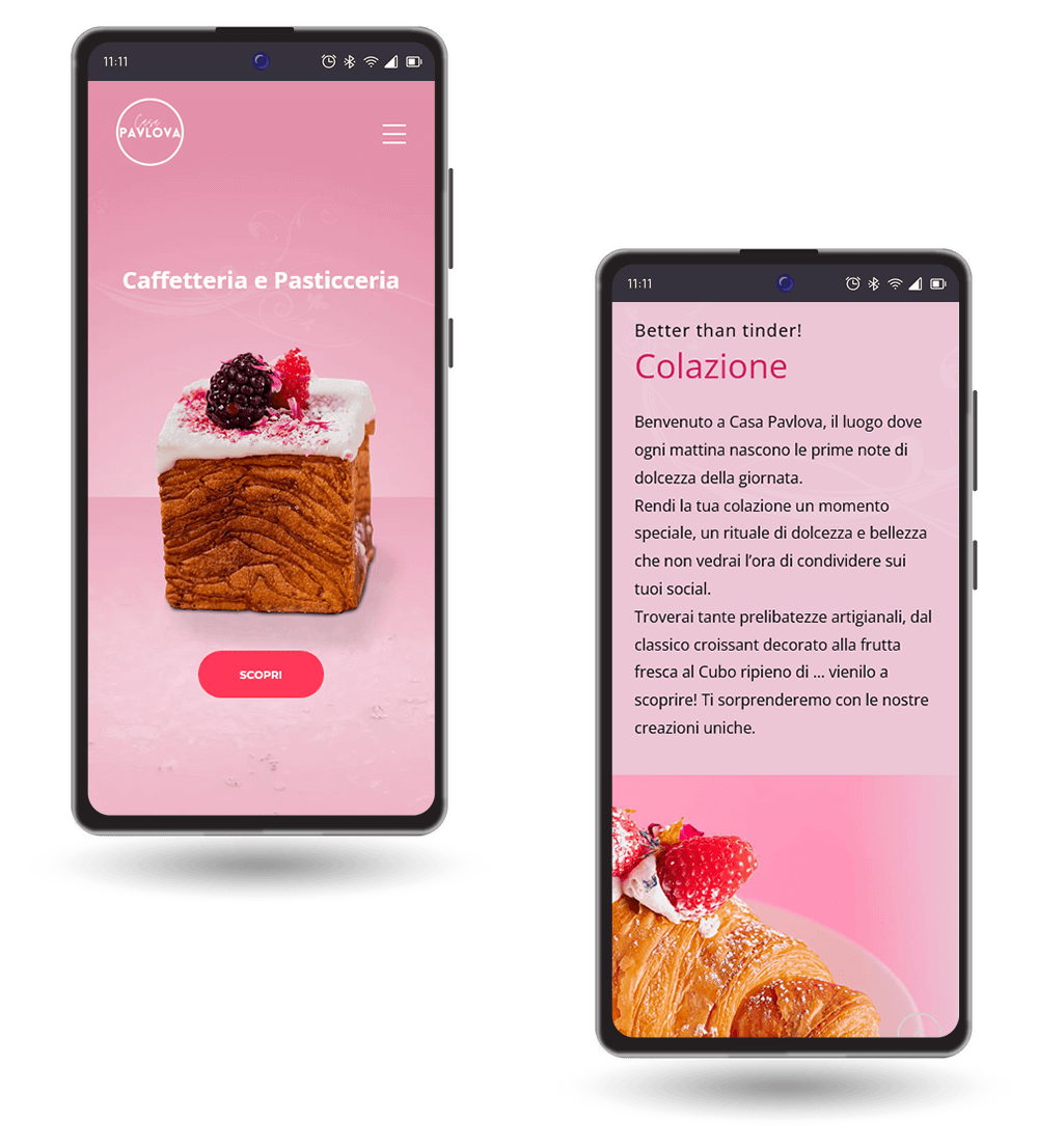 Schermate mobile del sito Casa Pavlova