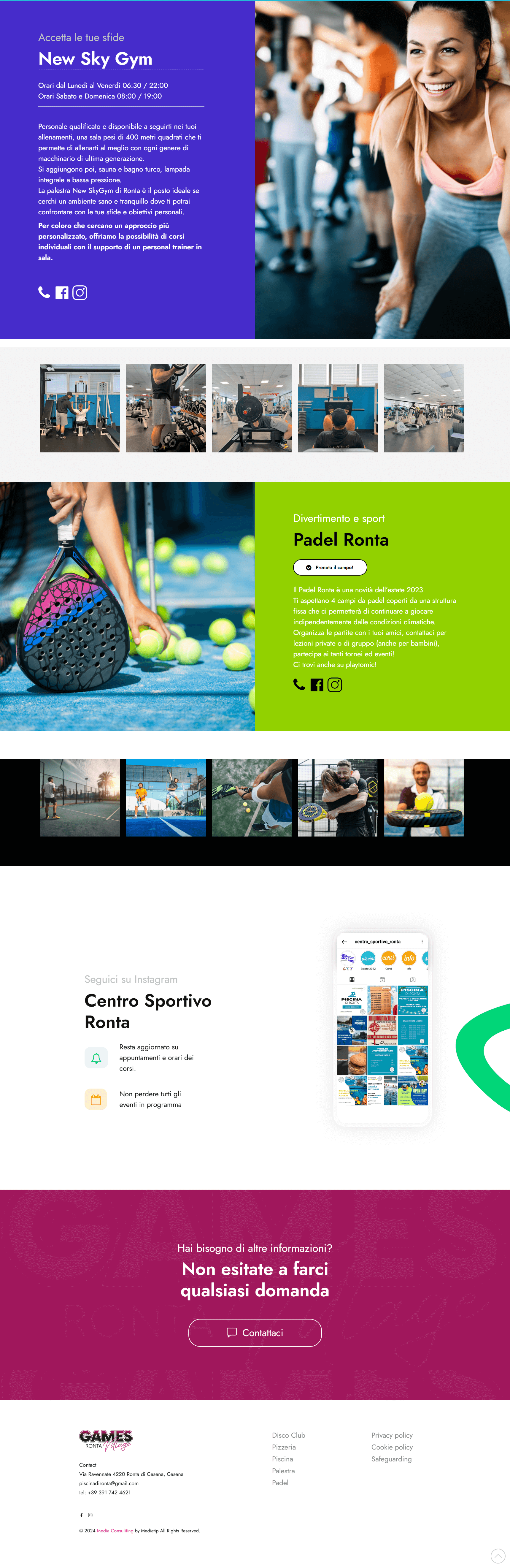 versione desktop del sito del centro sportivo ronta