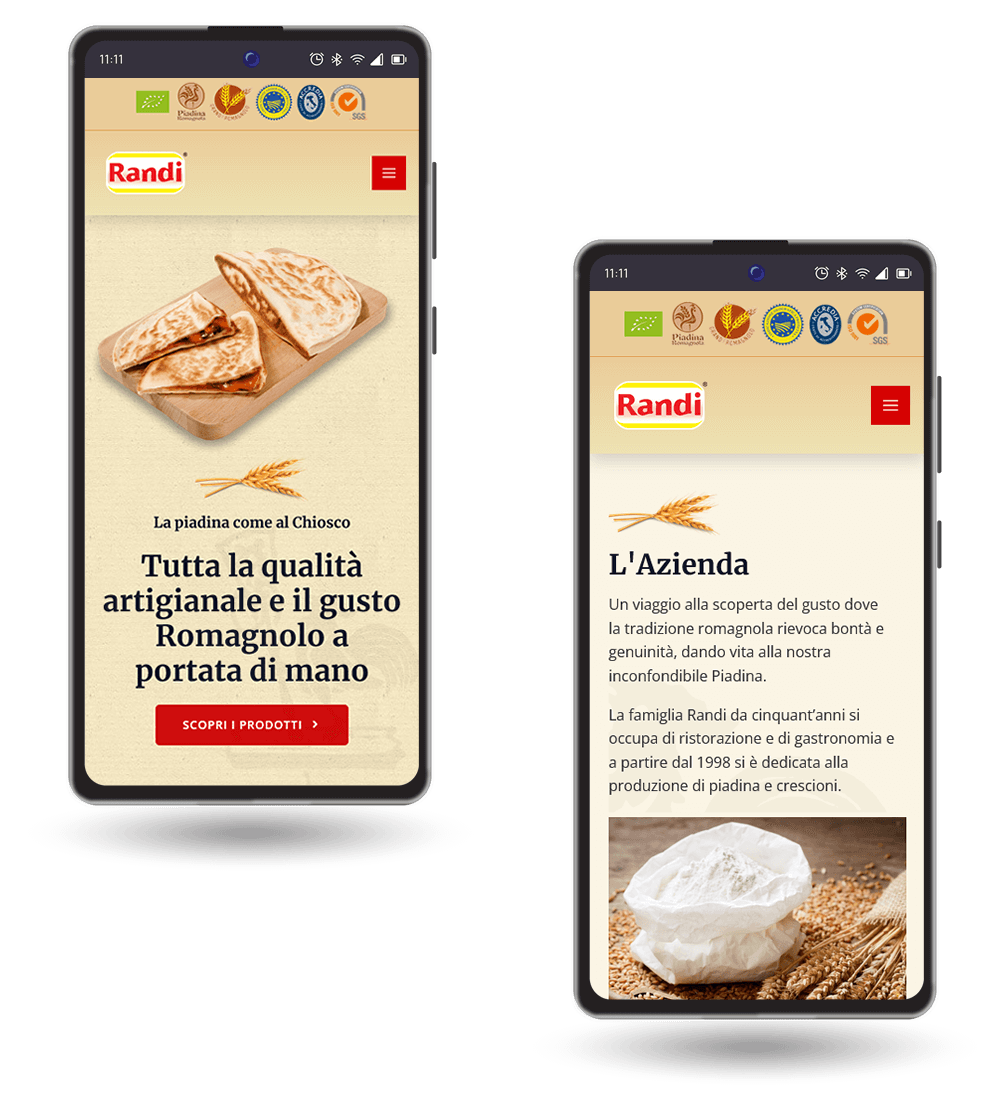 Schermate mobile del sito Randi Piadina