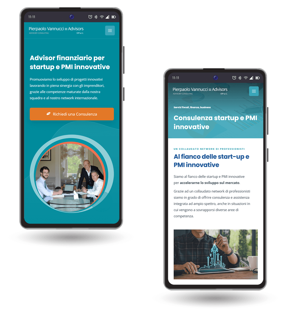 Schermate mobile del sito Vannucci Advisors