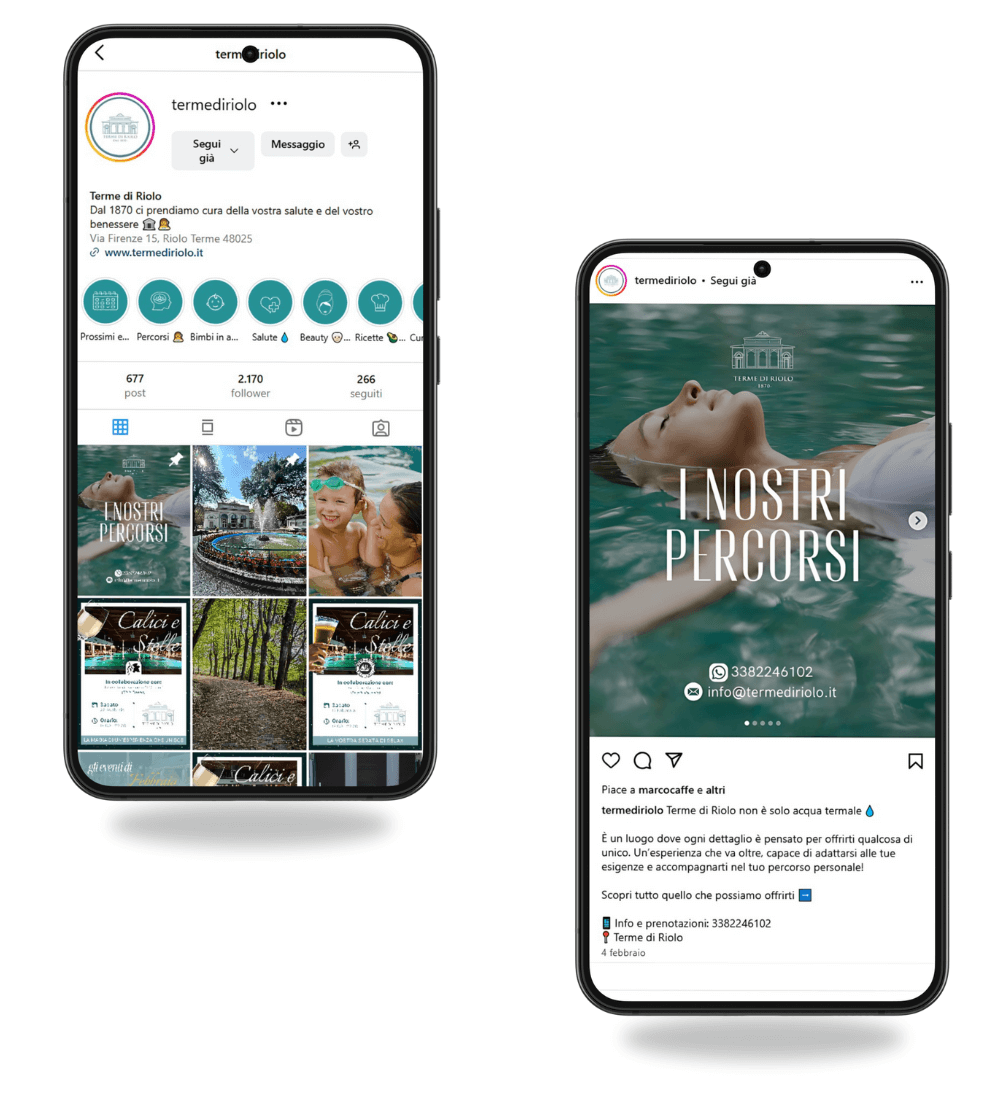 schermate pagine social da mobile delle terme di riolo
